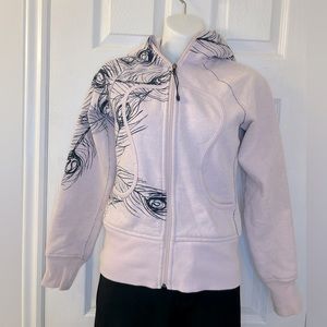 Lululemon Scuba Hoodie, blush pink with navy peacock feather pattern, size 2